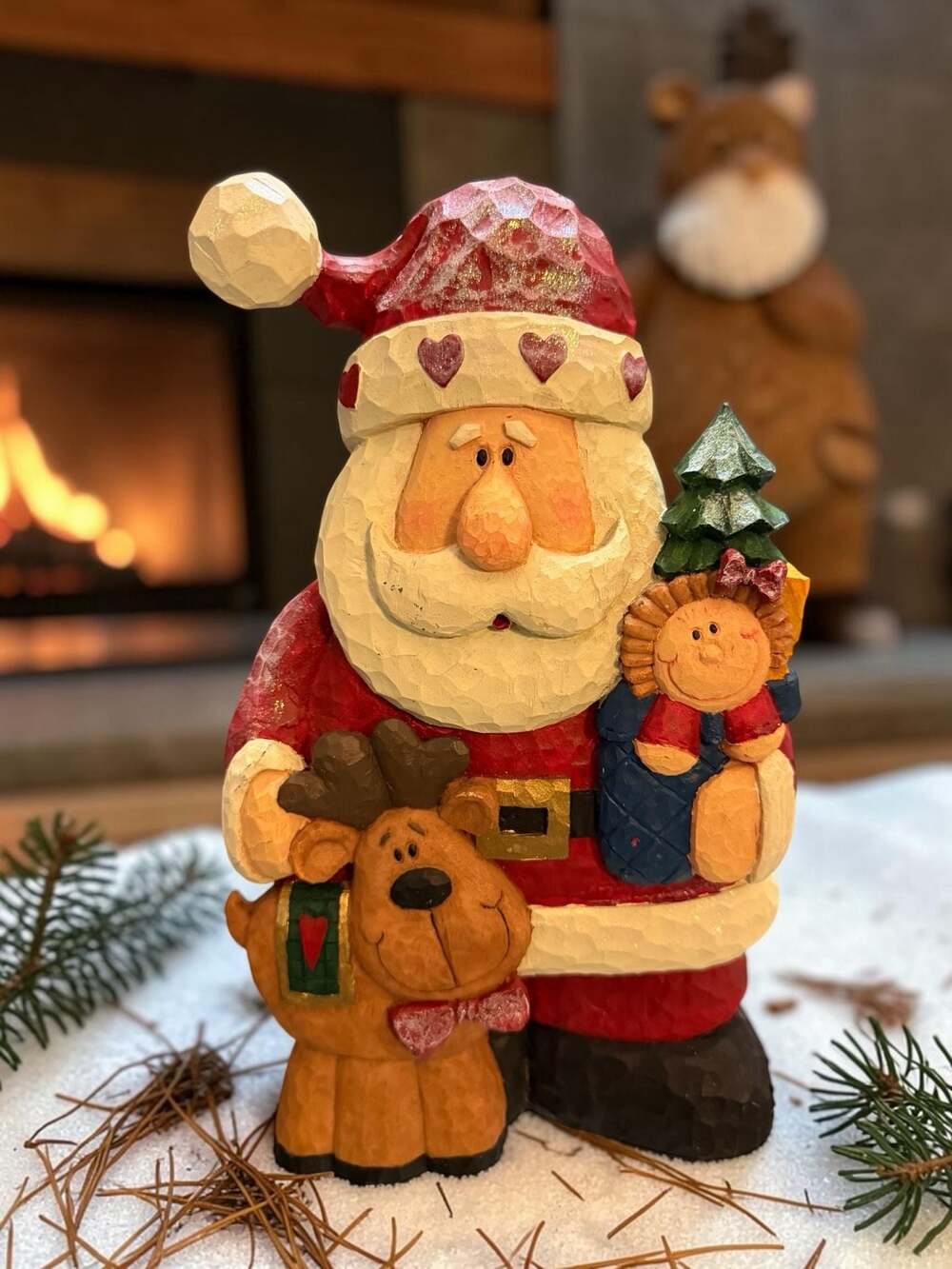 11-inch Hand-Carved Style Santa Claus Figurine with Reindeer and Doll